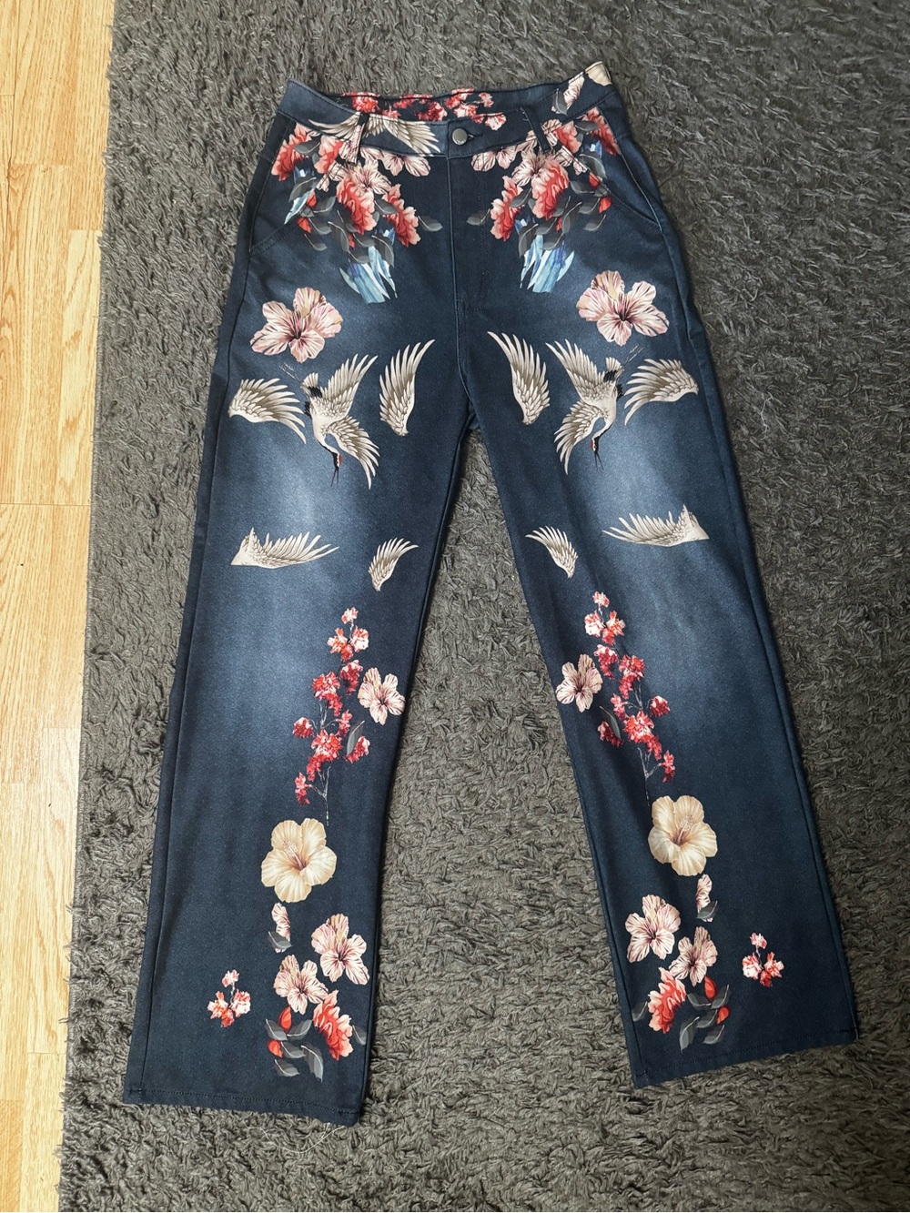 NOT JEANS! Women’s Navy Floral & Crane Print Polyester-type, Hippie Style Pants.